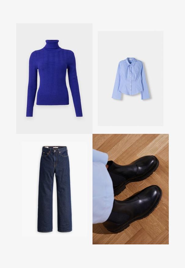Lila bordázott garbó pulóver hosszú ujjakkal, testhezálló fazonnal és sima textúrával, világos háttér előtt.; Kék és fehér csíkos, hosszú ujjú, gombos ing, széles gallérral, testre szabott szabású, ívelt szegéllyel. Textúrált pamutanyag.; Sötétkék egyenes szárú farmernadrág öt zsebbel, narancssárga varrással és gombos záródással.; Fekete bokacsizmák sima bőrből, elasztikus oldalsó panelek, texturált gumitalp és kontrasztos varrás az él mentén.