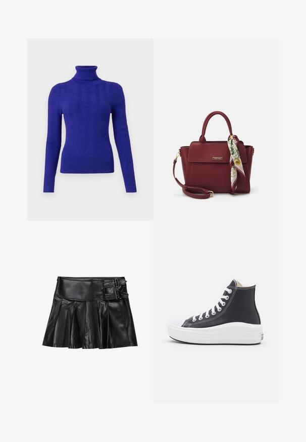 Lila rebrast turtleneck pulover z dolgimi rokavi, ki se ponaša s prilegajočim se dizajnom in gladko teksturo na svetli ozadju.; Črna usnjena krilo s gubami, širokim pasom in dvema zaponkama na strani. Gladka tekstura s sijajno obdelavo.; Črne visoke superge z belimi vezalkami in gumo podplatom. Imajo gladko usnjeno teksturo in bele šive.; Burgundska torbica iz sintetičnega materiala z strukturirano zasnovo, opremljena z odstranljivim pasom in cvetličnim šalom, privezanim na ročaju.