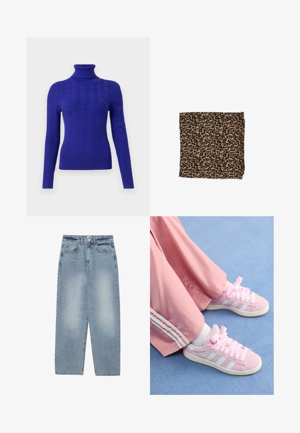Lilla ribidekollane sviiter pika varrukaga, millel on vormitud disain ja sile tekstuur heleda tausta vastu.; Heledad sinine teksapüksid, millel on lõdva istuvuse ja sirge säärega disain, viis taskut ja nööp sulgemine vöökoha juures. Sile tekstuur.; Roosad sportlikud kingad helesiniste triipudega, ümmargune varvas ja paks roosa pael, kombinatsioonis roosade treeningpükstega, millel on valged külgtriibud.; Beige alapja ja mustade täppidega leopardimustriga kangas, sujuva tekstuuriga, ristkülikuline kuju ja volditud, viimistletud servadega.
