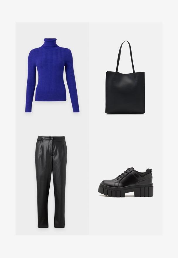 Μωβ ριμπ ζιβάγκο με μακριά μανίκια, διαθέτοντας στενή γραμμή και λεία υφή σε ανοιχτό φόντο.; Μαύρο δερμάτινο παντελόνι με λεία υφή, ίσια γραμμή, ελαστική μέση και μπροστινό κούμπωμα με κουμπί; πιέτες και σιλουέτα που στενεύει προς τα κάτω.; Μαύρα δερμάτινα παπούτσια πλατφόρμας με παχύ μπλοκ τακούνι, στρογγυλή μύτη και παραδοσιακό σχέδιο δέσιμο. Διαθέτουν λεία υφή και ελάχιστες λεπτομέρειες.; Μαύρη δερμάτινη τσάντα tote με λείο υφή, ορθογώνιο σχήμα και δύο μακριές λαβές. Χωρίς ορατό υλικό ή διακοσμητικά στοιχεία.
