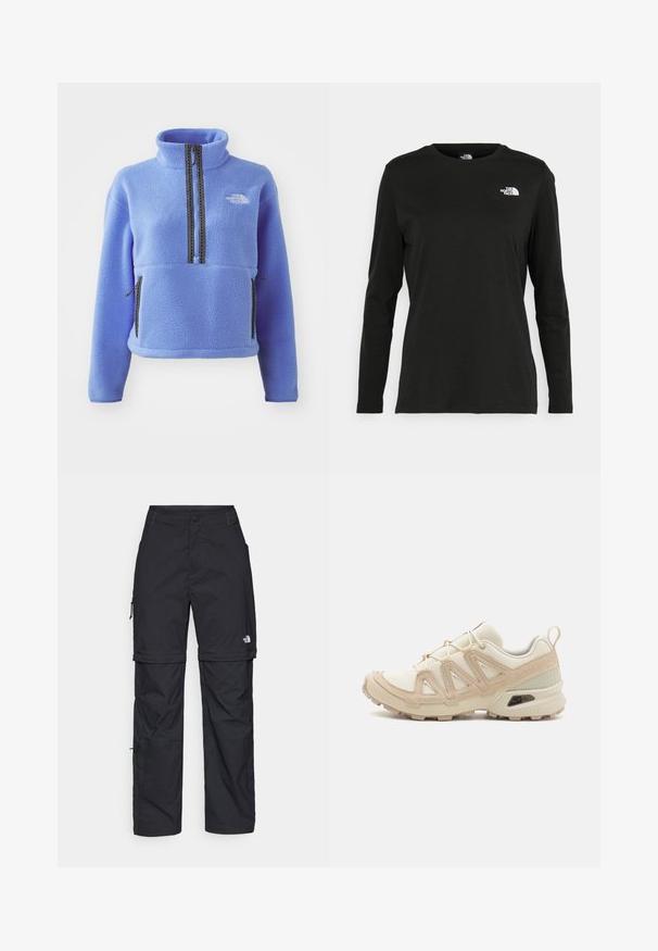 Fleece-pullover i pastellblått med hög krage, halv dragkedja framtill och två dragkedjefickor på sidorna; har kontrasterande sömmar och logodetalj.; Svart långärmad t-shirt i bomull med rund hals. Har en liten vit logotyp på vänster bröstområde. Enkelt design och passform.; Svarta nylonbyxor med avtagbara ben, justerbara muddar, flera fickor och en logotyp på högra benet. Slät, lätt textur.; Beige och krämfärgad atletisk sko med texturerad meshovandel, stöttande överdrag och gummisulor med ett mönster för grepp.