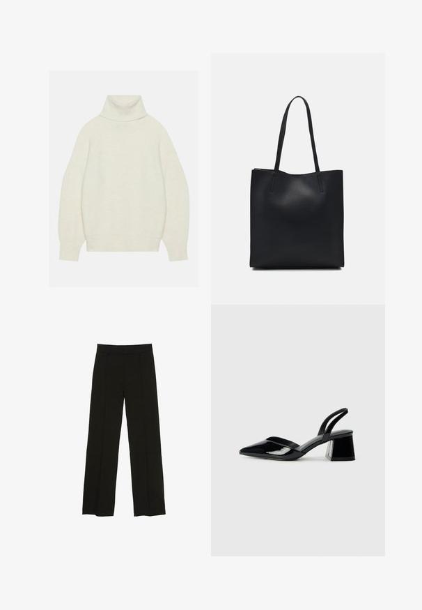 Rullapaita vaaleassa väriin, pehmeästä neulekankaasta. Ominaisuuksiin kuuluvat rento istuvuus, raglanhihat sekä ribbaus hihansuissa ja helmassa.; Mustat leveälahkeiset housut, jotka on valmistettu sileästä kankaasta. Niissä on istuva vyötärö ja hienovaraiset etupleatit, jotka lisäävät tekstuuria.; Mustat patentoitu nahkakengät, joissa on säären takaosa ja terävä kärki, sekä geometrinen palikkakorko. Sisältää tyylikkään, minimalistisen muotoilun ja sileän pinnan.; Mustapahkainen kangaskassi, jossa on sileä pinta, suorakaiteen muotoinen ja kaksi pitkää kahvaa. Ei näkyvää metalliosaa tai koristeita.