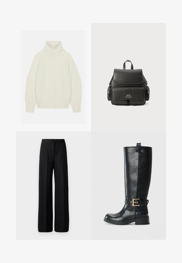 Rullapaita vaaleassa väriin, pehmeästä neulekankaasta. Ominaisuuksiin kuuluvat rento istuvuus, raglanhihat sekä ribbaus hihansuissa ja helmassa.; Mustat, leveälahkeiset housut, joissa on sileä, mattapintainen tekstuuri. Littee vyötärö, johon ei ole näkyvää metalliosaa tai kuvioita. Yksinkertainen ja tyylikäs muotoilu.; Musta nilkkapituiset nahkasaappaat, joissa on matala lohkopohja, koristeellinen kultainen solki nilkan ympärillä ja kahva ylhäällä.; Musta nahkareppu, jossa on läppä suljenta, etutasku, sivu vetoketjutaskut ja yläkahva. Edessä logo-detailit.