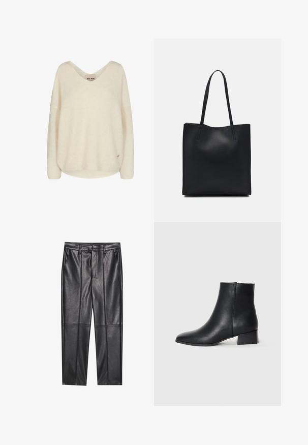 Suéter de malha creme com decote em V, ombros caídos e um corte relaxado. Apresenta uma textura suave e um pequeno logótipo na lateral.; Calças de pele preta com uma textura suave, apresentando um ajuste reto, dois bolsos frontais e detalhes de costura visíveis.; Bota de tornozelo em couro preto com bico apontado e um salto bloco baixo, apresentando uma textura lisa e um design minimalista.; Bolsa tote preta em couro com textura lisa, forma retangular e duas alças longas. Sem hardware ou enfeites visíveis.