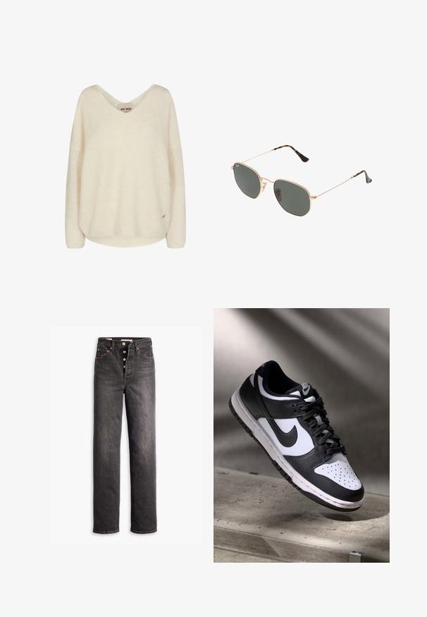 Crème kleurige gebreide trui met een V-hals, verlaagde schouders en een losse pasvorm. Heeft een zachte textuur en een klein logo accent aan de zijkant.; Zwarte high-waisted jeans met een rechtuit ontwerp, gemaakt van denim. Heeft een knoopsluiting, koperen hardware accenten en contrasterende stiksels.; Zwart-witte Nike Dunk Low sneaker met een leren bovenwerk, geperforeerde neus, en zwarte veters, met een witte zool en logo-accenten.; Gouden metalen zonnebril met donkergroene lenzen, aviator-stijl, met slanke scharnieren en schildpad-accenten op de uiteinden.; Zwarte draagtas met geometrisch patroon, gemaakt van textuur materiaal. Heeft stevige handgrepen en een label, gestructureerde vorm.