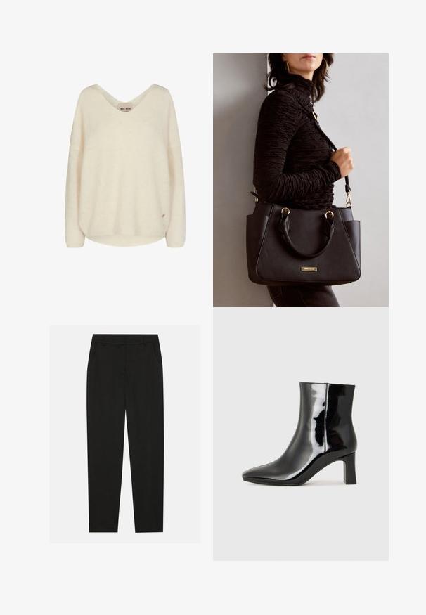 Krémový pletený sveter s výstrihom do V, spustenými ramenami a voľným strihom. Má jemnú textúru a malú logo akcentáciu na boku.; Čierne nohavice s prispôsobeným dizajnom, so bočnými vreckami a rovnou nohavicou. Vyrobené z hladkej, ľahkej tkaniny s elegantným vzhľadom.; Čierne lakované členkové topánky s špicatou špičkou a stredne vysokým blokovým podpätkom. Hladká textúra a minimalistický dizajn.; Čierna kabelka s textúrovaným povrchom, dvojitými hornými rúčkami a nastaviteľným ramenným popruhom. Obsahuje zlaté kovanie a bočné vrecká.