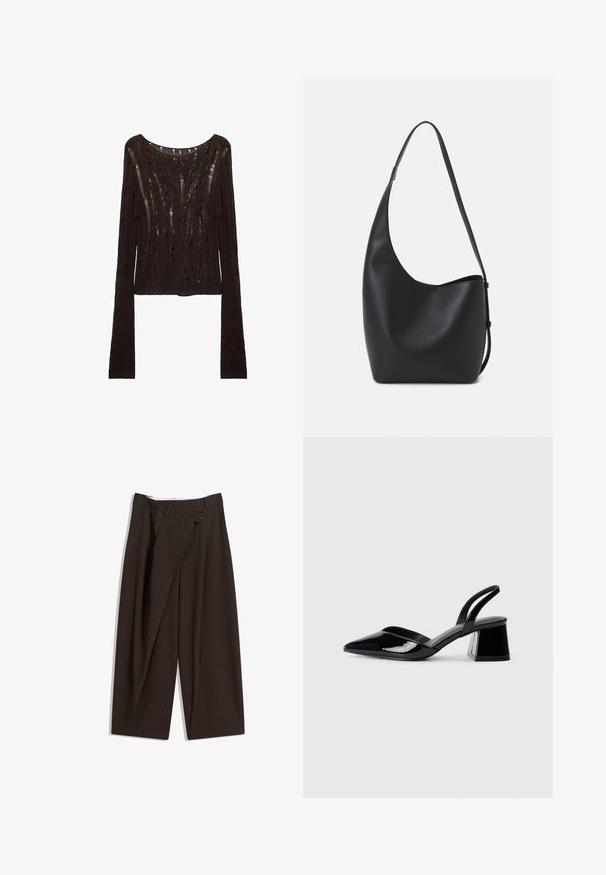 Brązowy dzianinowy sweter z długim rękawem o luźnym kroju, z szerokim dekoltem i otwartym, fakturowanym wzorem na całej powierzchni.; Ciemnobrązowe szerokie spodnie o wysokim stanie, z pojedynczym zapięciem na guzik i plisowanym przodem. Wykonane z lekkiego materiału.; Czarne lakierowane półbuty na obcasie z wydłużonym noskiem i geometrycznym słupkiem. Charakteryzują się eleganckim, minimalistycznym designem oraz gładką fakturą.; Czarna skórzana torba hobo o gładkiej fakturze, zaokrąglonym kształcie i pojedynczym, regulowanym pasku; posiada szerokie otwarcie na górze.