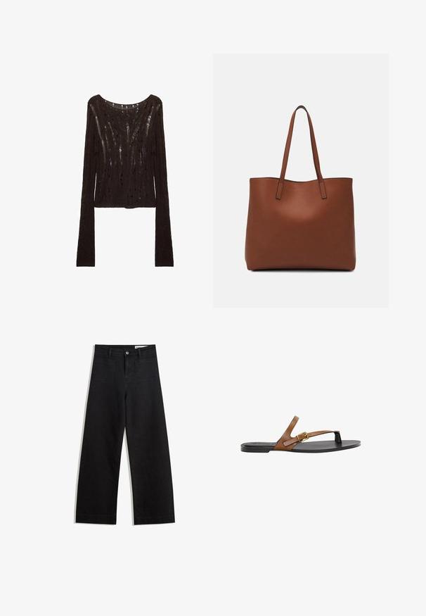 Brun stickad långärmad topp med lös passform, som har en vid halsringning och ett öppet, strukturerat mönster över hela plagget.; Svarta vida denimbyxor med hög midja, med fram- och bakfickor, sydda sömmar och knappstängning. Slät textur.; Breda läder flip-flop sandal med ett guldspänne, platt svart sula och minimalistisk design, med en slät textur.; Brun läder tote-väska med en slät textur, öppen toppdesign och två axelremmar. Har minimal söm och ingen synlig metalldetalj.