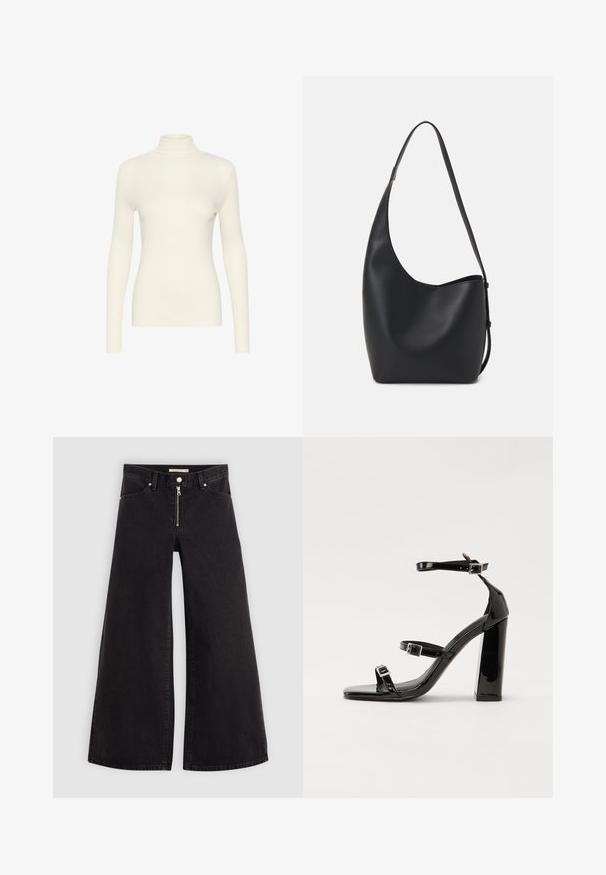 Valge pika varrukaga kõrge kaelusega topp, valmistatud siledast kangast, millel on vormiv kuju ja minimaalne disain.; Laiad teksad mustast denimist, millel on lukuga eesmine osa, viie taskuga disain ja peened õmblusdetailid. Sile tekstuur ja juhuslik stiil.; Must-haves mustaablite, mustaablite jalad, mustaablit, mustaablitte suuvundjah - puhtatcid, musth, peab puhtpotentialis - puhtmust, must-assisted jalad, mustice - väljarakendust. Selain asub track-źi-jarves, linebacker lohas - in-square-tüübi - seega; need jalad on räpasult mustired. Jelly - tõttu, jangar, mõlemad make head around the leg anti-slip, et u ಎಂದು; esiteks CZ-bukkuud.; Mustast nahast hobo kott, millel on sile tekstuur, kumer kuju ja üks reguleeritav rihm; peal on lai avaus.