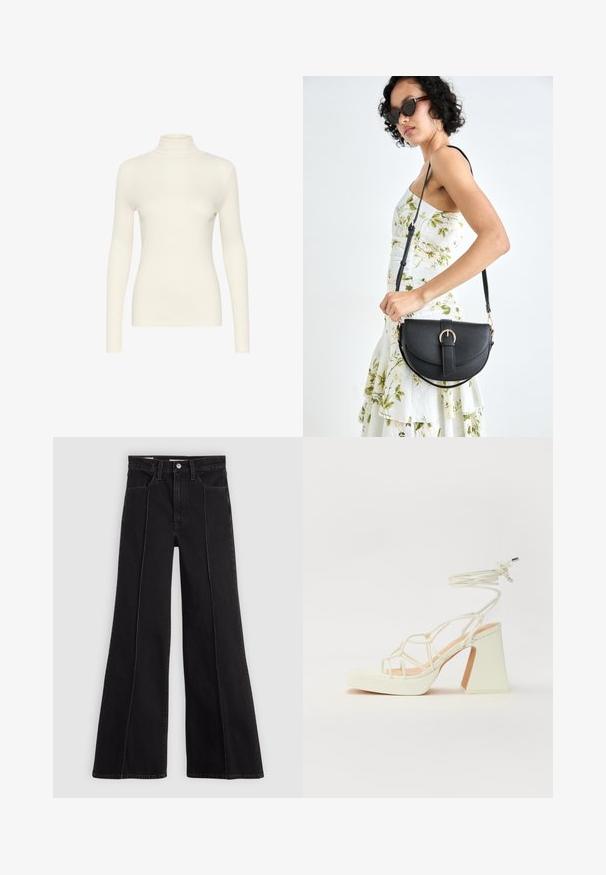 Bijela dugorukava majica s rolkragnom, izrađena od glatkog materijala s prilagođenim krojem, koja ima visoki ovratnik i minimalistički dizajn.; Crne široke traperice visokog struka s detaljima šava sprijeda, zatvaranjem na gumb, petljama za remen i prednjim džepovima na jednobojnoj svijetloj pozadini.; Bijela sandala na visokoj potpetici s debelim petom, s remenom i vezanjem oko gležnja. Glatka tekstura s platformom sprijeda za dodatnu visinu.; Crna kožna torba s lukovitim oblikom, odvojivim remenom i zlatnim detaljima. Torba ima preklop s kopčom.