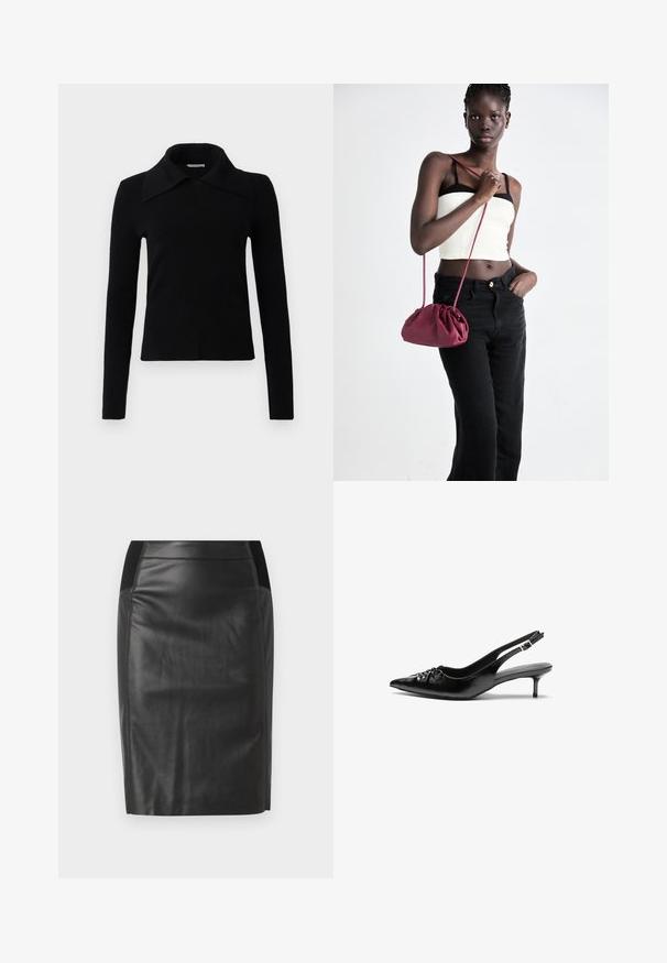 Mustissa pitkissä hihoissa olevassa paidassa on pehmeä kangas, ja siinä on suuri, terävä kaulus sekä muotoiltu malli. Sileä rakenne, jossa on minimaalinen yksityiskohtaus.; Mustat nahkaiset lyhyet hameet, joissa on tiukka muotoilu, sileä pinta ja joustavat vyötärönauhan yksityiskohdat molemmin puolin. Litteä helma alareunassa.; Mustat nahkaiset slingback-korkokengät, joissa on terävä kärki, pieni kitten-korko ja koristeellinen solki edessä. Yksinkertainen pinta kauttaaltaan.; Burgundi pehmeast kangast käekott, millel on kortsuline disain ja pikk rihm, kantud üle rinna. Modell kannab valget lühikest toppi ja musti teksaseid.