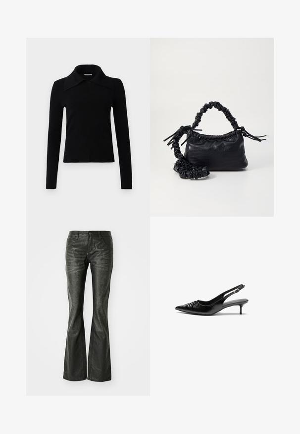 Mustissa pitkissä hihoissa olevassa paidassa on pehmeä kangas, ja siinä on suuri, terävä kaulus sekä muotoiltu malli. Sileä rakenne, jossa on minimaalinen yksityiskohtaus.; Mustat tekonahkaiset levenevät farkut etutaskuilla, metallinappikiinnityksellä ja hieman teksturoituneella pinnalla. Suora lahje pitkällä leikkauksella.; Mustat nahkaiset slingback-korkokengät, joissa on terävä kärki, pieni kitten-korko ja koristeellinen solki edessä. Yksinkertainen pinta kauttaaltaan.; Must-have mustekahvi nahkalaukku krokotiiliaistalla, kiristetty yläosa ja rypistetty hihna. Näyttää pehmeältä ja kompaktilta muotoilultaan.