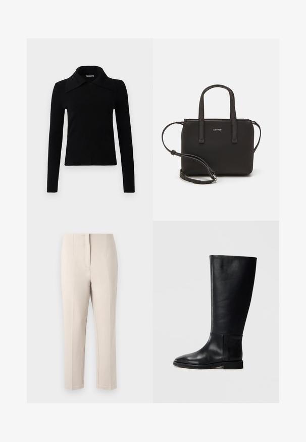 Zwarte lange mouwen top gemaakt van zachte stof, met een grote, puntige kraag en een aansluitend ontwerp. Soepele textuur met minimale details.; Beige broek met een getailleerde pasvorm, rechte pijpen en een schone voornaad. Gemaakt van een gladde stof met een subtiele glans, zonder zichtbare hardware.; Zwarte leren kniehoge laars met een ronde neus, een gladde textuur, een minimalistisch ontwerp en een platte zool. Eenvoudige stikdetails op de schacht.; Zwarte handtas met dubbele korte handvatten en een afneembare schouderriem. Glad, leerachtig materiaal met een ritssluiting en logo-detail.