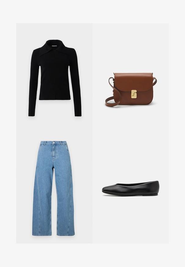 Svart långärmad topp i mjukt tyg, med en stor, spetsig krage och en figurnära design. Slät textur med minimal dekoration.; Ljusblå vida jeans i denim, med hög midja, rak skärning och kontrasterande sömmar längs sömmarna.; Paul Smith TOPANGA - Ballerinaskor - black; Brun läderhandväska med klaffstängning, guldfärgad hårdvara, axelrem och en slät yta. Kompakt rektangulär form.