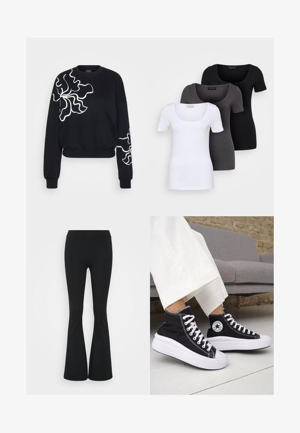 Svart hettegenser med bølgende hvite blomsterdesign på venstre bryst og erme. Laget av myk stoff med ribbede mansjetter.; Tre figurerte T-skjorter i hvit, grå og svart. Hver har en bred scoop-nakke og korte ermer. Laget av glatt, elastisk stoff.; Svarte flared bukser laget av elastisk stoff, med høy midje og en glatt tekstur. Buksene vidder ut fra kneet.; Svarte høye sneakers med hvite gummisåler og lisser. Har et rundt logo-merke og kontrasterende hvite sømmer. Laget av lerret.