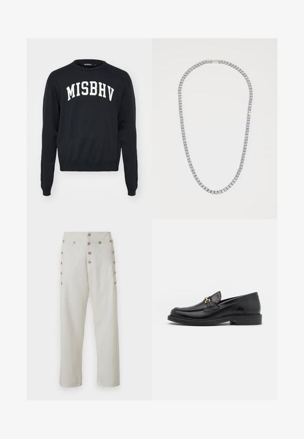 Pulover negru cu inscripția albă "MISBHV", textură canalată pe umeri, guler rotund și manșete ajustate; realizat din material tricotat moale.; Pantaloni de culoare crem, cu croială dreaptă, având detalii decorative cu nasturi argintii pe ambele părți și o textură netedă a materialului.; Loaferi din piele neagră cu vârf rotunjit, dotati cu accente aurii și detalii de cusătură, așezați pe o talpă joasă din cauciuc texturat.; DARKAI TENNIS LONG UNISEX - Colier - silver-coloured