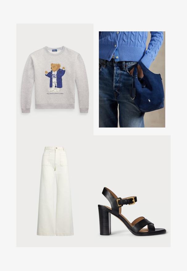 Světle šedá mikina s grafikou medvěda v modré bundě a bílem oblečení. Žebrované manžety a lem. Text "Polo Bear by Ralph Lauren" pod obrázkem.; Džíny s širokými nohavicemi v off-white denim. Vysoký pas s knoflíkovým zapínáním, dvě přední kapsy a detaily kontrastního šití.; Černé kožené sandály na podpatku s designem křížového pásku a uzavíráním na sponu. Vyznačují se silným podpatkem a hladkou texturou.; Tmavě modrá semišová kabelka s jemnou strukturou, dvojitými uchy a malou připojenou visačkou. Na přední straně má bílý logo a zaoblené dno.