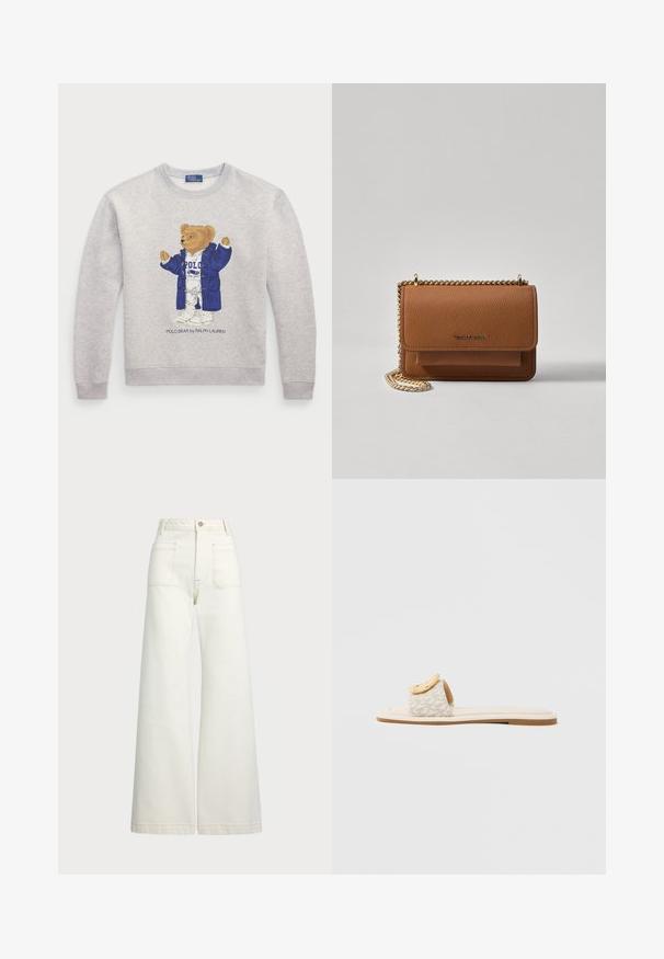 Hanorac gri deschis cu un grafic care reprezintă un urs îmbrăcat într-o haină albastră și o ținută albă. Manșete și tiv cu nervuri. Textul "Polo Bear by Ralph Lauren" este situat dedesubt.; Jeans cu picioare late din denim alb-crem. Design cu talie înaltă, cu închidere prin nasture, două buzunare frontale și detalii cu cusături contrastante.; Șlapi cu o curea bej cu model geometric, un accent rotund galben pe partea superioară și o talpă plată, deschisă la culoare.; Geantă crossbody din piele texturată maro, cu curea din lanț aurit și închidere cu clapetă. Partea din față prezintă detalii cu logo și o buzunar sub clapetă.