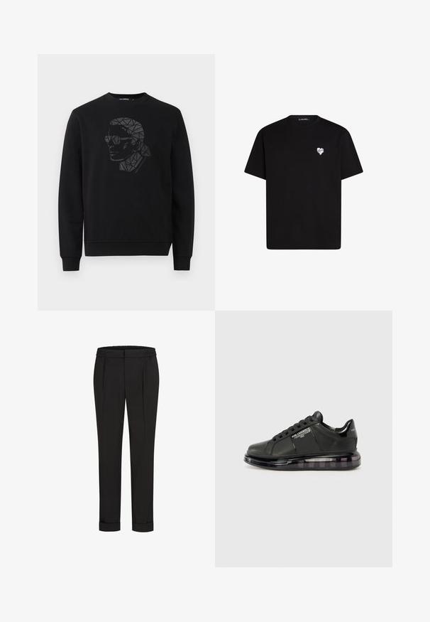 Sorte sweatshirt med rund halsudskæring og lange ærmer. Har et geometrisk portræt-design i sort og grå på forsiden.; Sort bomulds T-shirt med korte ærmer, rund halsudskæring og et lille hvidt hjertegrafik på venstre brystområde.; Sorte bukser med elastisk talje, der har et lige ben-design og opkrøllede cuffs. Lavet af glat, vævet stof uden mønstre.; Sort sneakers med glat læderoverdel, rund tå og snørebåndsdesign. Har en klar, polstret sål med en mørk gradient.