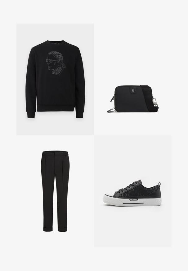Czarny sweter z okrągłym dekoltem i długimi rękawami. Posiada geometryczny czarno-szary wzór portretu z przodu.; Czarne spodnie z elastycznym pasem, charakteryzujące się prostym krojem nogawki i podwiniętymi mankietami. Wykonane z gładkiej, tkanej tkaniny bez wzorów.; Czarne niskie trampki z wzorzystym płótnem, białą gumową osłoną na palce, teksturowaną podeszwą i akcentem logo po boku. Metalowe oczka na sznurówki.; Czarna prostokątna torba wykonana z teksturowanego materiału, z zamkiem błyskawicznym, regulowanym paskiem oraz naszywką z logo z przodu.