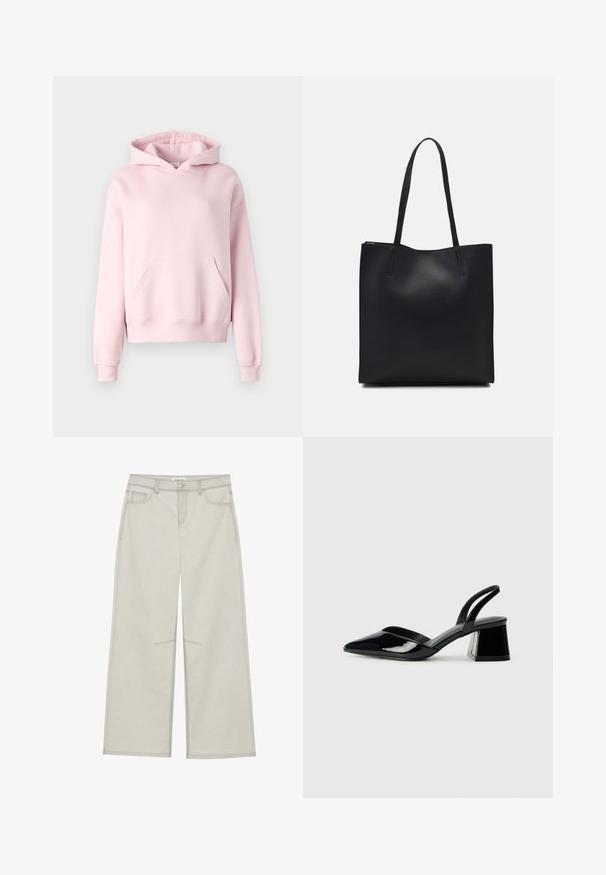 Gina Tricot BASIC ORIGINAL HOODIE - Bluză de molton - ballet slipper; Pantaloni gri deschis cu picioare largi, dotati cu cinci buzunare, închidere frontală cu buton și cusături în contrast pe căptușeală. Materialul pare a fi moale și durabil.; Pantofi cu toc slingback din piele lacuită neagră, cu vârf ascuțit și toc geometric. Prezintă un design elegant, minimalist și o textură netedă.; Geantă tote neagră din piele, cu textură netedă, formă rectangulară și două mânere lungi. Fără hardware vizibil sau ornamente.