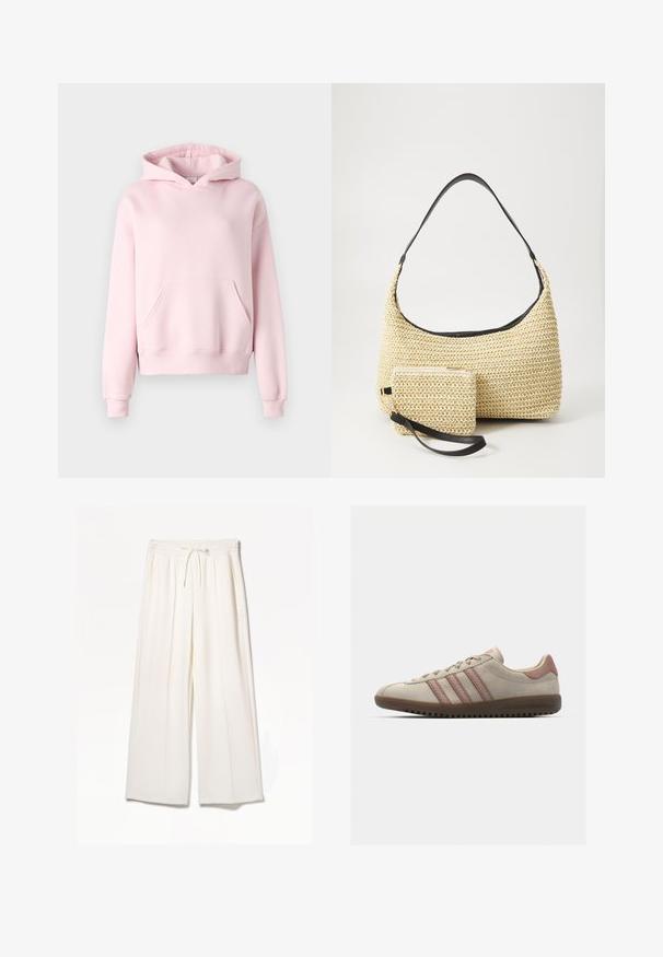 Gina Tricot BASIC ORIGINAL HOODIE - Mikina - ballet slipper; Biele široké nohavice vyrobené z ľahkého materiálu, s elastickým pásom, šnúrkou a bočnými vreckami bez viditeľných vzorov.; Béžové semišové tenisky s ružovými akcentmi, obsahujúce tri prekrývajúce sa pruhy, textúrovaný špičkový cap a gumovú podrážku s drážkami.; Tkaná slamenná kabelka s prehnutým siluetom, vybavená hladkým čiernym koženým popruhom a zodpovedajúcou malou taštičkou pripevnenou pomocou zápästného popruhu.
