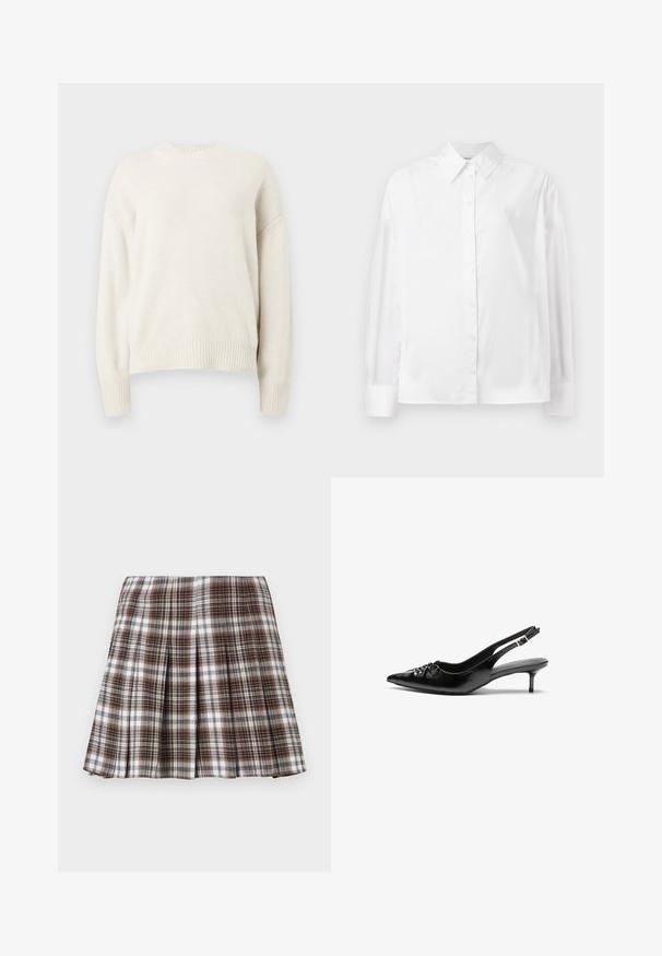 Striuklės tekstūros kreminė megztinis su supjaustytu apykaklėmis ir rankogaliais. Savybė atpalaiduota fit ir šiek tiek nuleisti pečiai. Nėra matomų raštų.; Baltas ilgas rankovėmis marškiniai su mygtukais, pagaminti iš lygaus medvilnės mišinio. Yra klasikinė apykaklė, priekinis mygtukų uždarymas ir apvalios rankogaliai.; Ruda ir balta langeliais raštuota klostuota sijonas su tvirtu dizainu ir aštriu tekstūru, turintis aukštą liemenį ir kelias vertikalias klostes.; Juodos odinės slingback aukštakulniai su smailiu nosiu, mažais katės kulnais ir dekoratyvine mazgo detale priekyje. Visas paviršius lygus.