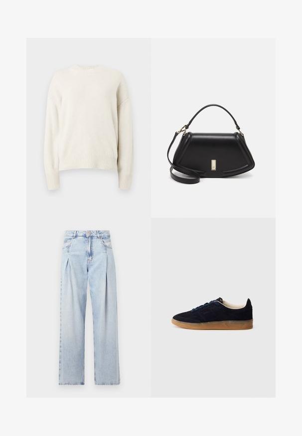 Kermakankainen neulepusero, jossa on ribbireunus kauluksessa ja hihansuissa. Ominaisuuksiin kuuluu rento istuvuus ja hieman valehtelijat. Ei näkyviä kuvioita.; Vaaleansiniset farkut, joissa on korkea vyötärö, leveälahkeinen leikkaus, kaksi sivutaskua ja pleatattu muotoilu. Pehmeä rakenne, jossa on haalistunut viimeistely.; Laivastonsininen mokkanahkainen tennari, jossa on kuminahkainen pohja, siniset nauhat ja minimalistinen muotoilu. Sivussa on kohokuvioitu logo ja sisäpuolella sileä vuori.; Mustalla nahkalaukulla, jossa on jämäkkä muotoilu, lyhyt malli, yläkahva ja kultaiset yksityiskohdat. Säädettävä olkahihna sisältyy.