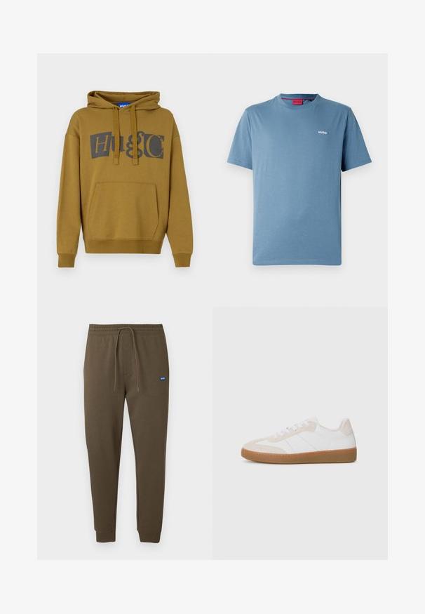 Oliivroheline kapuutsiga sviiter, millel on suur "HUGO" logo tumedas hallis. Sisaldab esist küülikukotti ja ribatud ääriseid ning hemmi.; Sinine lühikeste varrukatega ümara kaelusega T-särk, millel vasakul rinnal väike valge "HUGO" logo ja punane sisemine kraelapp.; Tumed oliivrohelised dressipüksid, millel on elastne vöökoht, nöörkinnitus, küljetaskud ja soonikkäised. Vasakul väike sinine logomärk.; Valge ja beež sneaker, millel on napale ja nahast elemendid. Varustatud kummist tallaga, nööpidega sulgemisega ning minimalistlikke külgribadega.