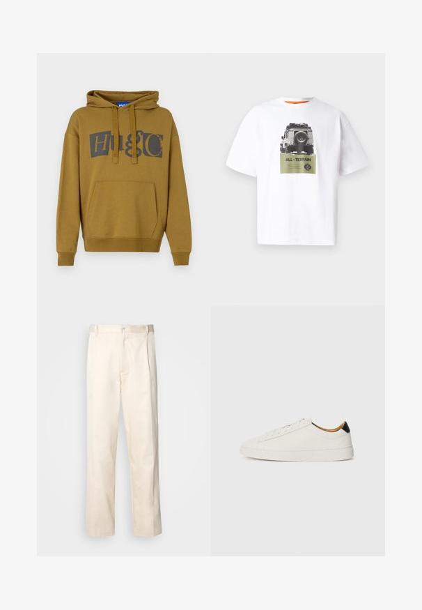 Olíva zöld kapucnis pulóver, amelyen egy nagy, sötétszürke "HUGO" logó található. Elülső kenguruzsebbal és bordázott mandzsettákkal és aljjal rendelkezik.; Fehér pamut póló, jármű grafikával és zöld színű "MINDEN TEREPEN" felirattal, fekete-fehér dizájnnal. Narancssárga belső gallér.; Beige pamut nadrág egyenes szárú kivágással, gombos záródással és elülső redőkkel a részletek fokozása érdekében.; Fehér sportcipő sima bőr felsőrésszel, kerek orral és lapos talppal. Fekete akcentus a saroknál, tonális fűzőkkel és minimális márkajelzéssel.
