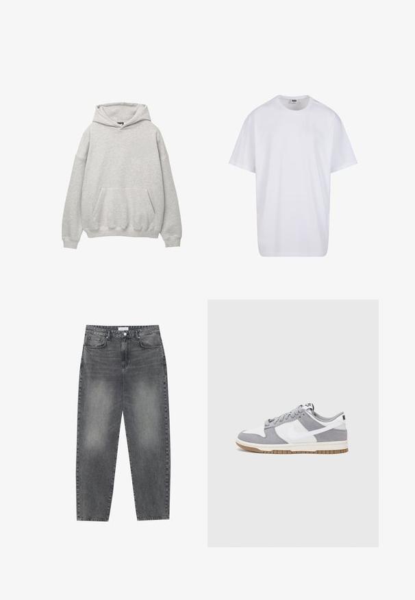 Šedá mikina s kapucňou vyrobená z mäkkého froté materiálu, ktorý má veľkú prednú kapsu, kapucňu so šnúrkou a spustené ramená pre voľný strih.; Biela bavlnená tričko s krátkymi rukávmi, okrúhlym výstrihom, uvoľneným strihom a žiadnymi viditeľnými logami alebo vzormi. Hladká textúra a minimálny dizajn.; Vysoké, voľné džínsy z vyblednutého čierneho denimu. Obsahujú päť vreciek, pútka na opasok a čistý, rovný strih nohavíc.; Sivé a biele tenisky s vrchom z semišu a kože, zaoblenou špičkou, plochými šnúrkami a gumovou podrážkou s akcentom vo farbe gumy.
