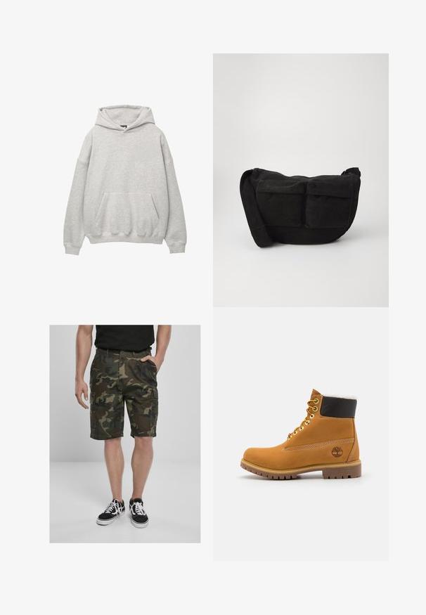 Szara bluza z kapturem wykonana z miękkiego materiału frotte, z dużą kieszenią z przodu, kapturem ze sznurkiem oraz opadającymi ramionami, zapewniającymi luźny krój.; Szorty cargo w kamuflażu z kieszeniami cargo, wykonane z tkaniny plecionej w odcieniach zieleni i brązu. W zestawie z czarnymi sneakersami z białymi sznurowadłami.; Brązowy skórzany but za kostkę z metalowymi oczkami, białym futerkiem w środku, czarnym wyściółką, solidną podeszwą i wytłoczonym logo po boku.; Czarny torba na ramię z kordurowego materiału z regulowanym paskiem, z przednimi kieszeniami i miękką teksturą. Kompaktowy design z minimalnymi detalami.