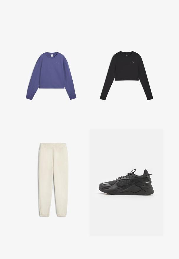 Felpa corta viola con scollo rotondo, maniche lunghe, polsini a costine e un piccolo logo stampato sul petto. Texture del tessuto morbida.; Maglietta cropped nera a maniche lunghe in materiale elasticizzato, con un piccolo logo grigio sul petto e scollo rotondo.; Pantaloni della tuta beige chiaro realizzati in morbido tessuto, con una vita elasticizzata, polsini alle caviglie e un piccolo logo bianco sul lato.; Sneaker nera con tomaia testurizzata, realizzata in materiali mesh e sintetici, suola spessa e dettagli riflettenti per la visibilità.