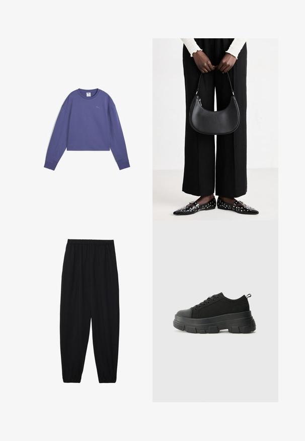 Ljubičasti skraćeni dukserica s okruglim izrezom, dugim rukavima, rebrastim manžetama i malim logotipom otisnutim na prsima. Mekani materijal.; Crne, lagane hlače s elastičnom stražnjom pasicom i naboranim gležnjevima. Tkanina je glatka i ima opušteni, suženi dizajn.; Crne tenisice s debelim gumenenim potplatom, teksturiranim gornjim dijelom od tkanine, okruglim vrhom i dizajnom s vezicama. Imaju pojačane rupice za vezice i dodatak za povlačenje straga.; Crna kožna torba preko ramena zaobljenog oblika, s sjajnom završnom obradom i srebrnim hardverom. Osoba nosi crne hlače širokog kroja i loaferice sa studovima.
