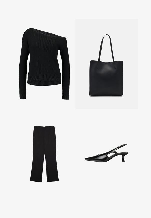 Maglione nero lavorato a maglia con scollatura asimmetrica, maniche lunghe e texture a costine, dal taglio rilassato e orlo.; Pantaloni neri a gamba dritta, con tasche frontali e spacchi laterali all'orlo. Realizzati in tessuto morbido e liscio. Adatti a diverse occasioni.; Tacchi slingback in pelle verniciata nera con punta affusolata, design con tagli laterali e tacco quadrato piccolo. Texture liscia con dettagli minimi.; Borsa tote in pelle nera con texture liscia, forma rettangolare e due manici lunghi. Nessun hardware o decorazione visibile.