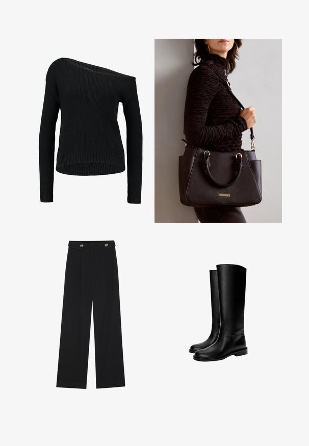 Pulover tricotat negru, cu un gât asimetric, mâneci lungi și textură ribată, cu o croială lejeră și o linie de tiv relaxată.; Pantaloni negri cu picioare largi, talie înaltă, detalii cu butoane pe talie și pliseuri în față.; Cizme din piele negre, până la genunchi, cu o textură netedă, vârf rotund, talpă plată și un design minimalistic, având cusături vizibile și fără hardware. ; Geantă de umăr neagră cu suprafață texturată, cu două mânere superioare și curea de umăr ajustabilă. Dispune de accesorii metalice de culoare aurie și buzunare laterale.