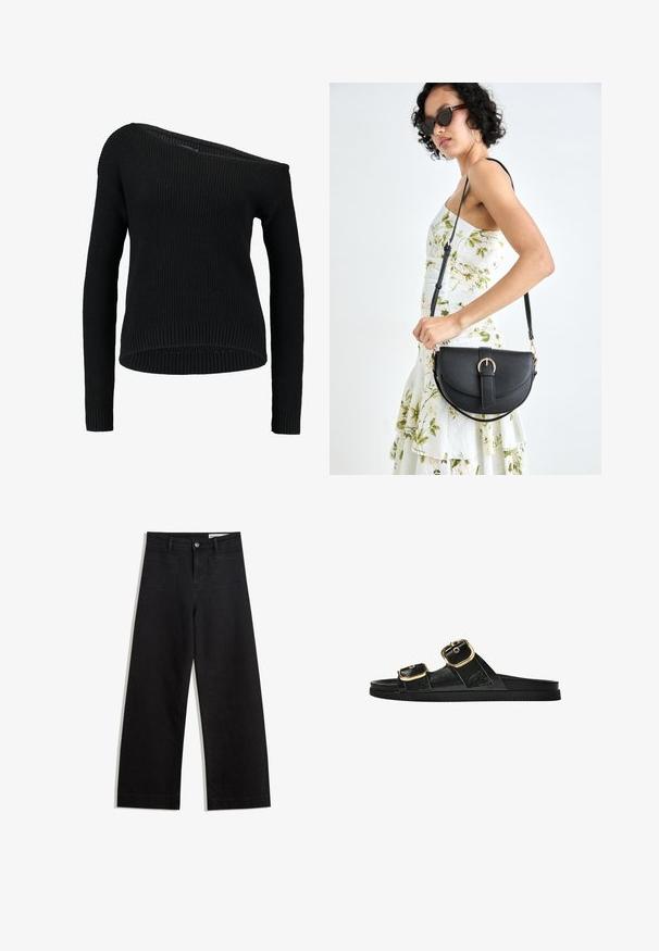 Crni pleteni pulover s asimetričnim izrezom, dugim rukavima i rebrastom teksturom, opuštenog kroja i rubom.; Crne široke traperice s visokim strukom, s prednjim i stražnjim džepovima, šivenim šavovima i kopčanjem na gumb. Glatka tekstura.; Crne sandale na klizanje s dva zlatna akcenta u obliku kopči, glatkog teksturiranog materijala, ravnim potplatom i minimalističkim dizajnom.; Crna kožna torba s lukovitim oblikom, odvojivim remenom i zlatnim detaljima. Torba ima preklop s kopčom.
