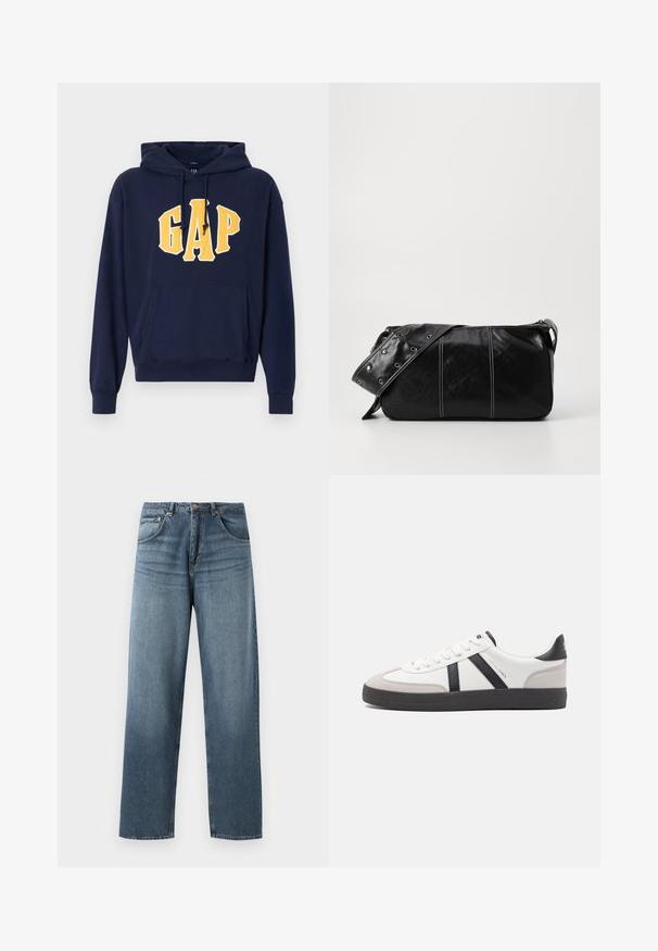 Felpa con cappuccio di colore blu navy con grande logo giallo "GAP" sulla parte anteriore, realizzata in tessuto morbido. Presenta una tasca frontale e polsini a coste.; Jeans in denim blu a gamba dritta con un lavaggio sbiadito, dotati di cinque tasche, bottone in metallo e passanti per cintura. Tessuto strutturato di peso medio.; Sneaker bianco con accenti neri e grigi, dotata di una punta grigia testurizzata, suola in gomma nera e lacci bianchi piatti. Design pulito, stile minimalista.; Borsa a spalla in pelle nera con chiusura a zip, caratterizzata da un corpo testurizzato, cuciture bianche e una tracolla con occhielli in argento.