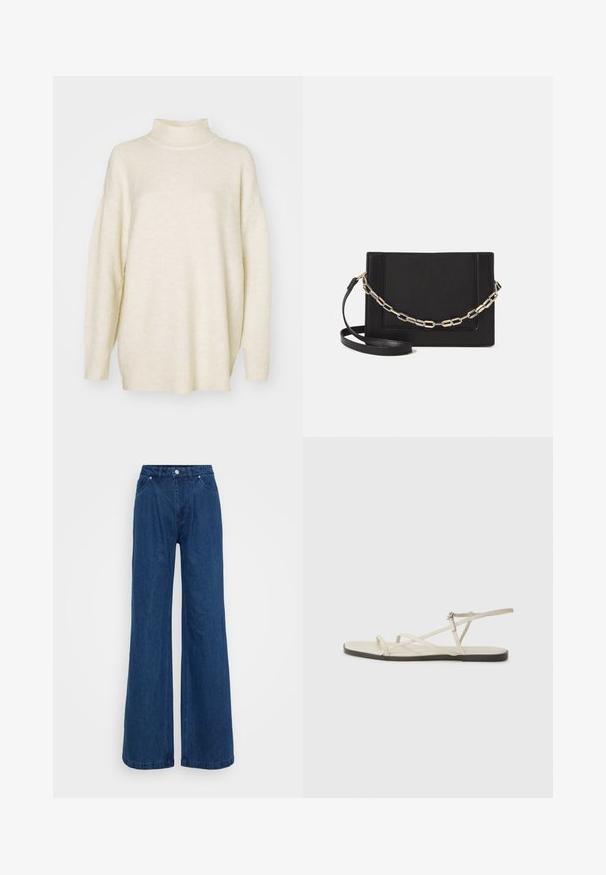 Krēmkrāsas augstā apkakle džemperis, izgatavots no mīksta auduma. Iezīmē atbrīvotu piegriezumu, kritušām plecu šuvēm un ribotu apakšmali un aprocēm.; Platas kājas zila denim bikses ar augstu jostasvietu, priekšējo pogu un slēgšanu ar rāvējslēdzēju, kā arī priekšējām un aizmugurējām kabatām uz vienkārša fona.; Bežīgas plakanas čības ar vairākiem plāniem siksniņām un regulējamu sprādzi. Zole ir plakana ar nelielu tumšu kontrastu malā.; Melna ādas crossbody soma ar gludu faktūru, taisnstūrveida formu un metalizētu ķēdes detaļu priekšā. Iekļauta regulējama siksna.