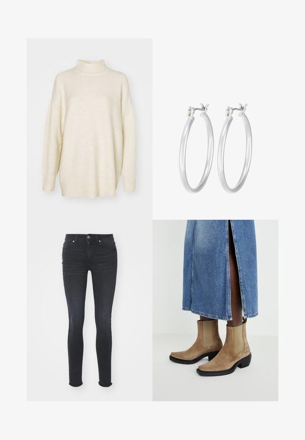 Cremfarbener Rollkragenpullover aus weichem Stoff. Hat eine lockere Passform, überschnittene Schultern sowie gerippte Säume und Bündchen.; Schwarze Denim Skinny Jeans mit mittelhohem Bund, fünf Taschen und fransigem Saum. Der Stoff hat eine glatte Textur mit leichtem Stretch.; Wildleder-Stiefeletten in Tan mit elastischen Seitenpanelen und einem schwarzen Blockabsatz. Getragen mit einem hellblauen Denim-Rock mit seitlichem Schlitz.; Silberne Creolen mit einer glatten, polierten Oberfläche. Runder Form und sicherem Klickverschluss. Leichtes Design, geeignet für den täglichen Gebrauch.