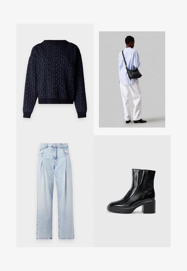 Marineblauer Strickpullover mit strukturiertem Schriftmuster. Verfügt über einen gerippten Kragen und Bündchen, eine verkürzte Länge und einen weichen Stoff.; Helle blaue Denim-Jeans mit hoher Taille, weitem Beinschnitt, zwei seitlichen Taschen und gefaltetem Design. Weiche Textur mit einem ausgebleichten Finish.; Schwarze Lackleder-Stiefeletten mit einer geschwungenen Zehenpartie, elastischen Seiteneinsätzen und einem klobigen Blockabsatz. Mit geprägtem Logo auf der Rückseite.; Schwarze Leder-Umhängetasche mit weicher Textur, dreieckiger Form und verstellbarem Tragegurt, kombiniert mit einem hellblauen gestreiften Hemd und weißen Hosen.