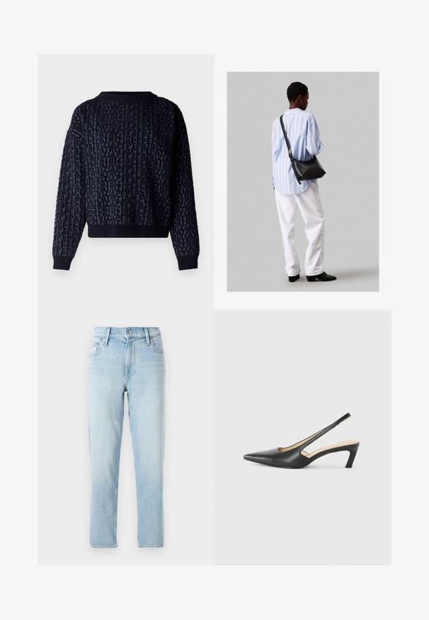 Marineblauer Strickpullover mit strukturiertem Schriftmuster. Verfügt über einen gerippten Kragen und Bündchen, eine verkürzte Länge und einen weichen Stoff.; Hellblaue Jeans aus Denim, mit geradem Bein, mittelhoher Taille, fünf Taschen und einem Knopfverschluss vorne.; Schwarzer spitz zulaufender Slingback-Schuh mit niedrigem Absatz, der aus glattem Leder gefertigt ist und seitliche Ausschnitte für Atmungsaktivität aufweist.; Schwarze Leder-Umhängetasche mit weicher Textur, dreieckiger Form und verstellbarem Tragegurt, kombiniert mit einem hellblauen gestreiften Hemd und weißen Hosen.