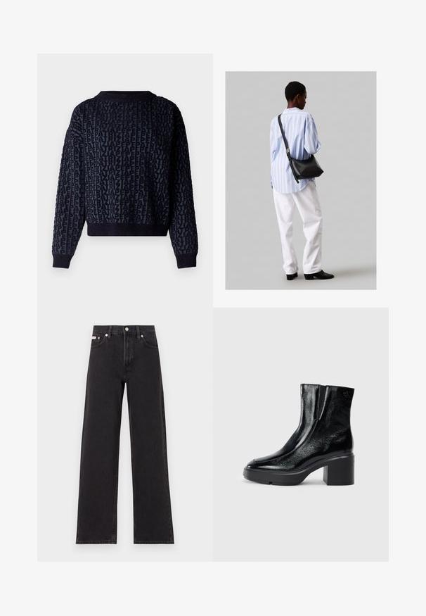 Ναυτικό πλεκτό πουλόβερ με υφή γραμμάτων. Διαθέτει ριπ κολλέ και μανσέτες, κοντό μήκος και μαλακό ύφασμα.; Μαύρο τζιν παντελόνι φαρδιάς γραμμής από τζιν, με ψηλή μέση, πέντε τσέπες και κούμπωμα με μεταλλικό κουμπί, καθώς και αντίθετη ραφή.; Μαύρες πατενταρισμένες δερμάτινες μπότες στον αστράγαλο με καμπυλωτή μύτη, ελαστικές πλαϊνές πινακίδες και χοντρό μπλοκ τακούνι. Διαθέτουν ανάγλυφο λογότυπο στο πίσω μέρος.; Μαύρη δερμάτινη τσάντα ώμου με απαλή υφή, τριγωνικό σχήμα και ρυθμιζόμενο λουρί, συνδυασμένη με ένα ανοιχτό μπλε ριγέ πουκάμισο και λευκό παντελόνι.