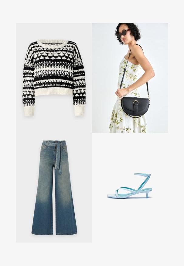 ONLY ONLALAIA LIFE O NECK - Džemperis - birch/black; Platus džinsinis kelnes su šviesiai tamsiai mėlynu gradientu, aukštu juosmeniu, diržo kilpomis ir atitinkančiu audinio diržu. Textūruotas džinsinis paviršius.; Šviesiai mėlynos guminės sandalai su kvadratiniu pirštu, žemu kulnu, reguliuojama kulkšnies juosta ir lygiu, blizgiu paviršiumi. Kryžminiai dirželiai ant pado.; Juodas odinis krepšys su išlenkta forma, nuimamu dirželiu ir auksiniais detalėmis. Krepšys turi kilpą su sagtimi.