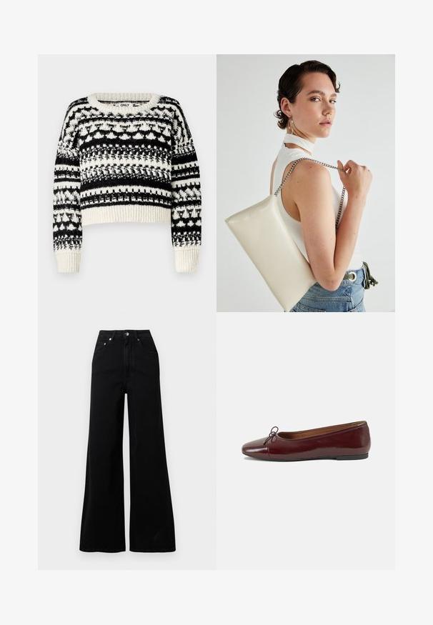 ONLY ONLALAIA LIFE O NECK - Svetr - birch/black; Černé kalhoty s širokými nohavicemi z denimu, s vysokým pasem, pěti kapsami, zapínáním na přední knoflíky a minimálními šicimi detaily.; Burgundské lakové baleríny s kulatou špičkou, malou mašlí vpředu a nízkou černou gumovou podrážkou. Hladký povrch.; Bílá obdélníková psaníčko vyrobené z lesklého materiálu, se stříbrným řetízkovým popruhem. Modelka pózuje a předvádí tašku na jednobarevném pozadí.