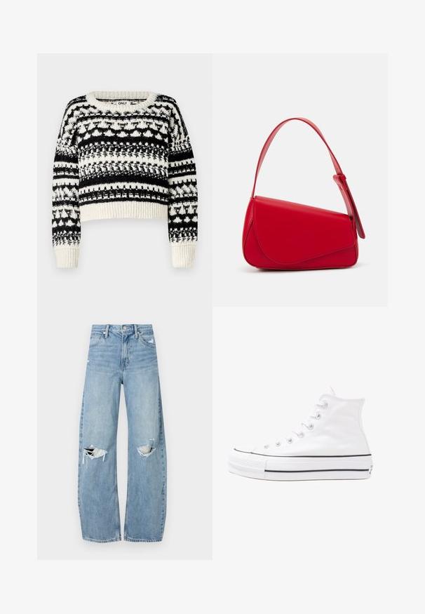 ONLY ONLALAIA LIFE O NECK - Jumper - birch/black; Light blue, high-waisted jeans made of denim. Feature wide legs, two torn knee areas, and classic five-pocket styling.; White high-top canvas sneaker with black rubber sole, front rubber toe cap, and six eyelets for laces, featuring a clean, minimalist design.; Red leather handbag with an angular, geometric design. Features a single adjustable strap and a flap closure with stitched detailing.