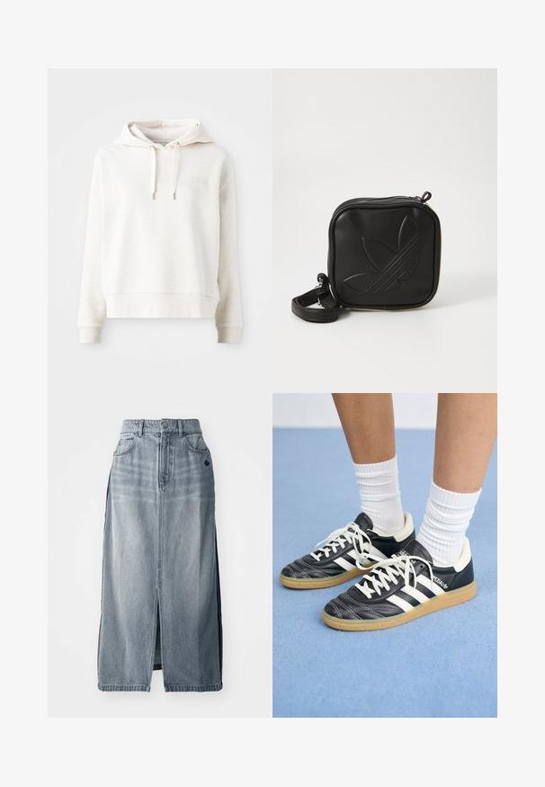 Ljusbeige huvtröja med mjuk textur, snörningsstängning och en enkel broderad logotyp på bröstet. Långa ärmar och kort passform.; Denimkjol i ljusblått med en framtill slit, två fickor och logodetalj. Har hög midja och rak design, tillverkad av hållbart material.; Svarta lädersneakers med vita ränder, rund tå, vita snören och sula av gummirubber. Betonar en vadderad krage och varumärkesdetaljer.; Svart fyrkantig crossbody-väska i texturerat syntetmaterial. Har en präglad logodesign och justerbar rem. Dragkedjestängning.