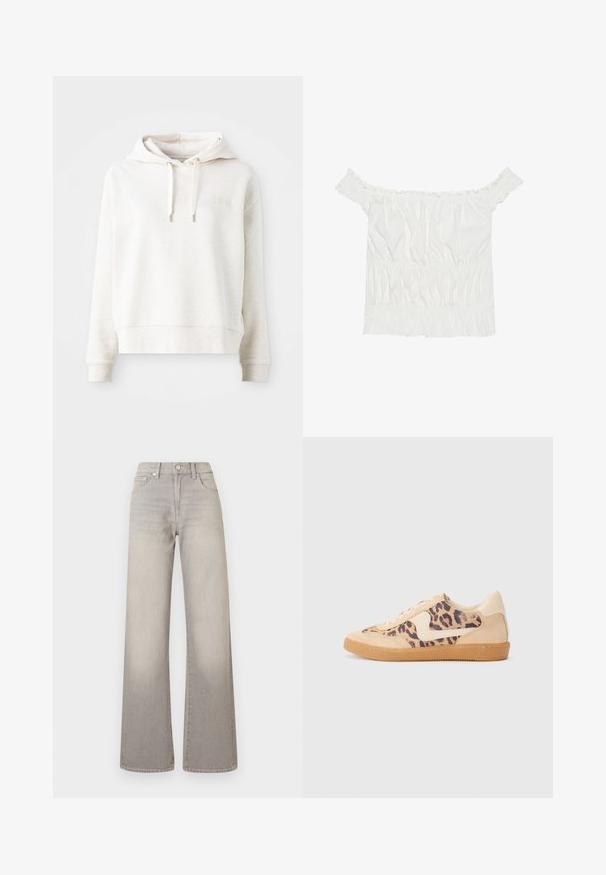 Light beige hooded sweatshirt with a soft texture, drawstring closure, and a simple embroidered logo on the chest. Long sleeves and cropped fit.; White off-the-shoulder top with ruffled accents, gathered texture, and an elasticized waistband. Made from soft cotton fabric.; Gray wide-leg jeans with a faded finish, button closure, five-pocket design, and stitched detailing along the seams.; Leopard print sneakers with beige suede upper, tan rubber sole, and white accents. Round toe and lace-up design with a textured finish.