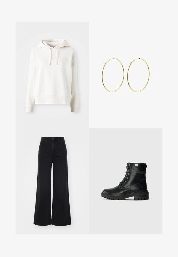 Svetlo bež mikica s kapuco, mehke teksture, s vrvico za zategovanje in preprostim vezenim logotipom na prsih. Dolgi rokavi in skrajšan kroj.; Visoko pasovi črni široki kavbojke z sprednjimi in zadnjimi žepi, zankami za pas in gumbnim zapiranjem.; Črne usnjene gležnjarje s okroglo konico, vezalkami spredaj, trdnim podplatom z oprijemom in srebrnim logotipom na strani.; Zlate obroče za ušesa z gladkim, zaobljenim dizajnom. Tanki in lahki, z neprekinjenim krogom brez okrasnih elementov.