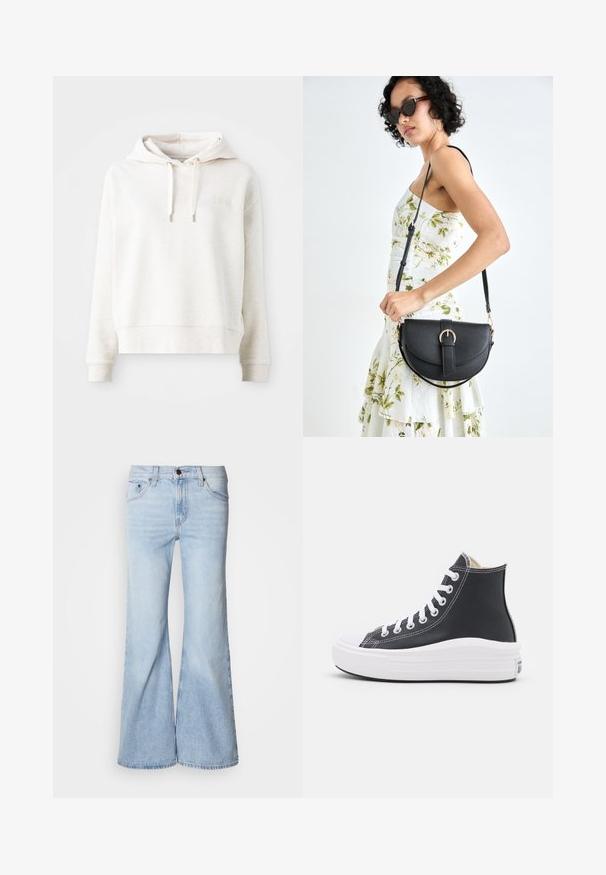 Svijetlosmeđa hoodie majica s mekom teksturom, zatvaranjem na vezicu i jednostavnim izvezenim logotipom na grudima. Dugi rukavi i skraćeni kroj.; Svijetloplave traperice širokih nogavica, s visokim strukom, tkaninom od trapera, pet džepova i kopčanjem na gumbe. Noge su široke i imaju blago izblijedjeli završetak.; Crni visoki tenisice s bijelim vezicama i gumenenim potplatom. Imaju glatku kožnu teksturu i bijele šavove.; Crna kožna torba s lukovitim oblikom, odvojivim remenom i zlatnim detaljima. Torba ima preklop s kopčom.